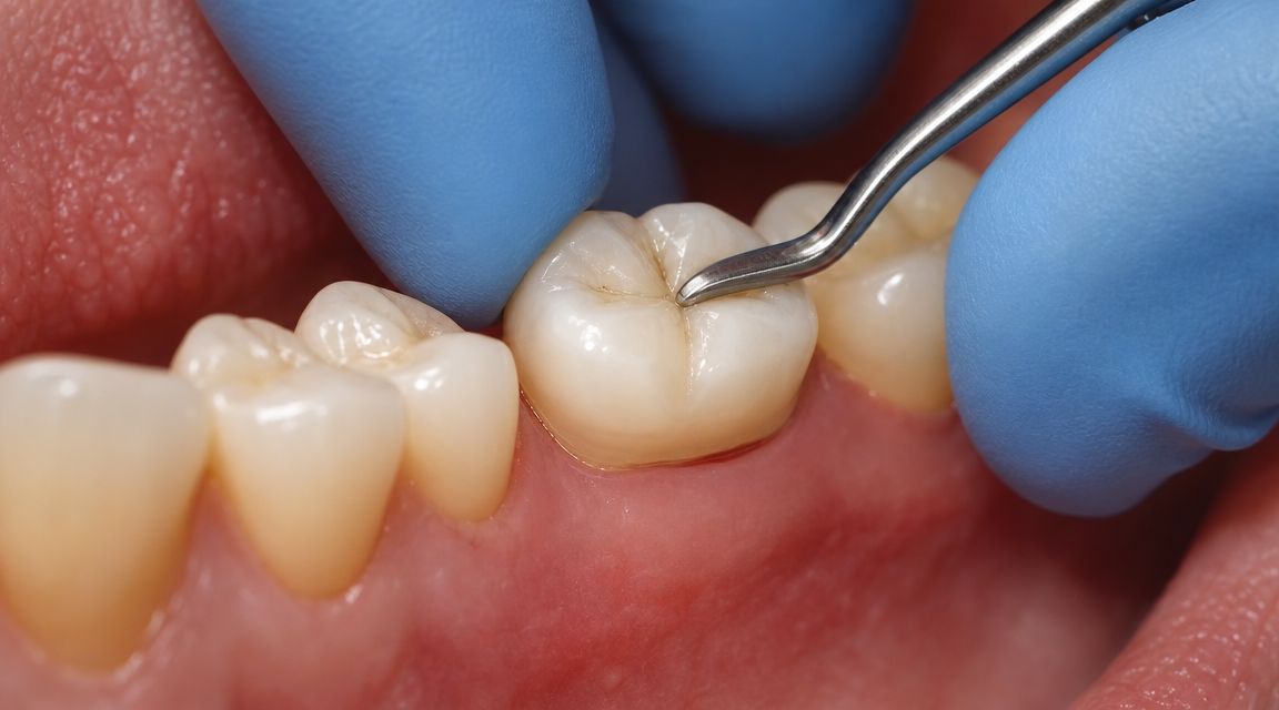 A dentist using a dental explorer tool to examine a tooth during a professional dental checkup.