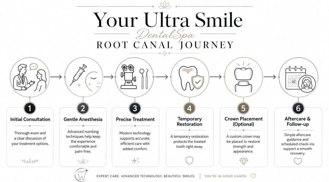 An infographic showing the six steps of a root canal procedure at Your Ultra Smile Dental Spa.