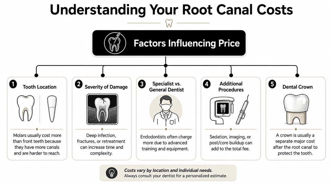 An infographic showing five key factors that influence the total cost of a professional root canal procedure.