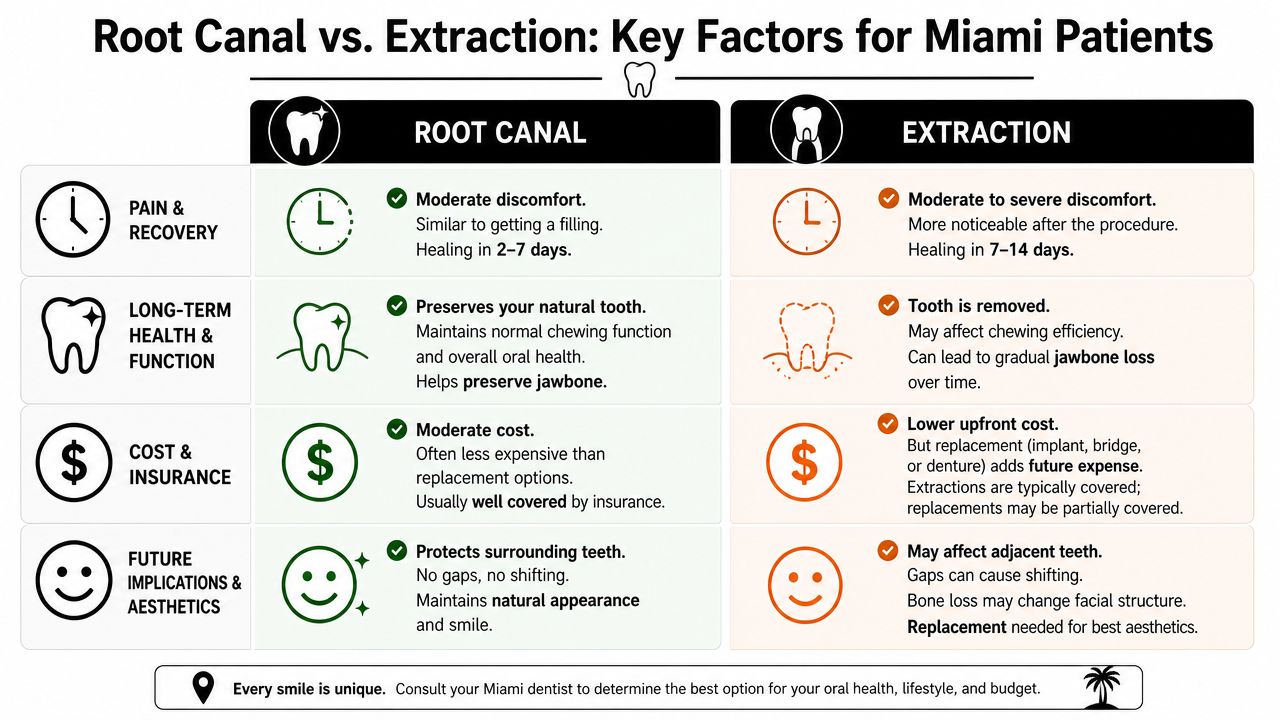 A comparison chart outlining the pros and cons of root canal procedures versus tooth extractions for dental patients.