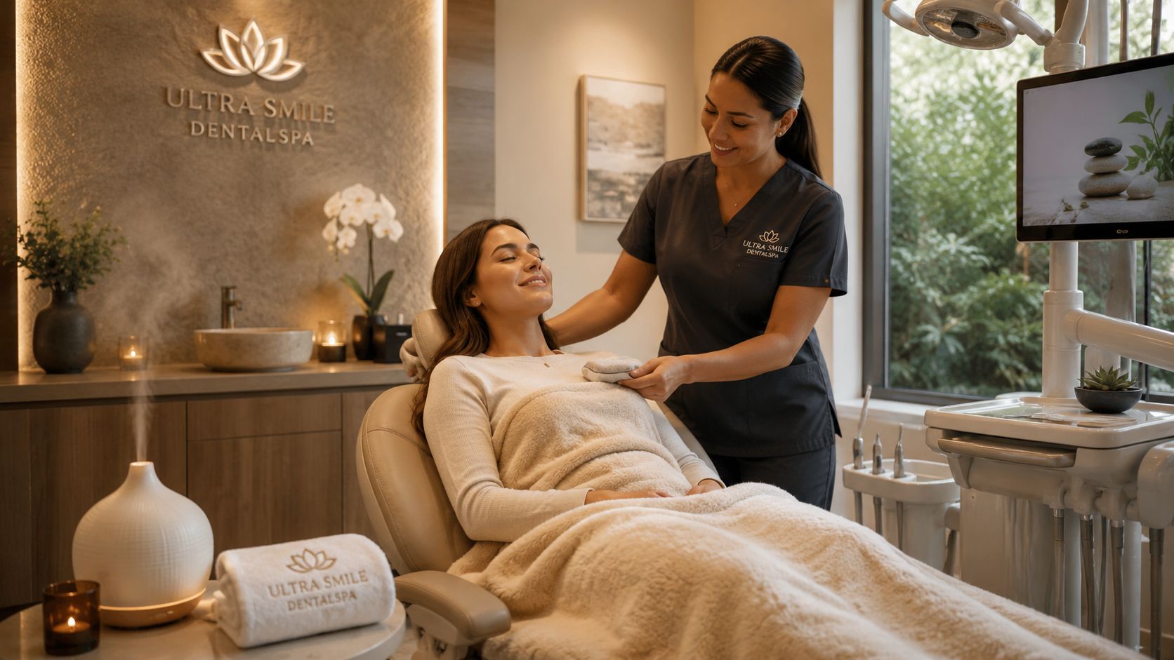A relaxing dental spa experience with a patient lying in a chair while a dentist attends them.