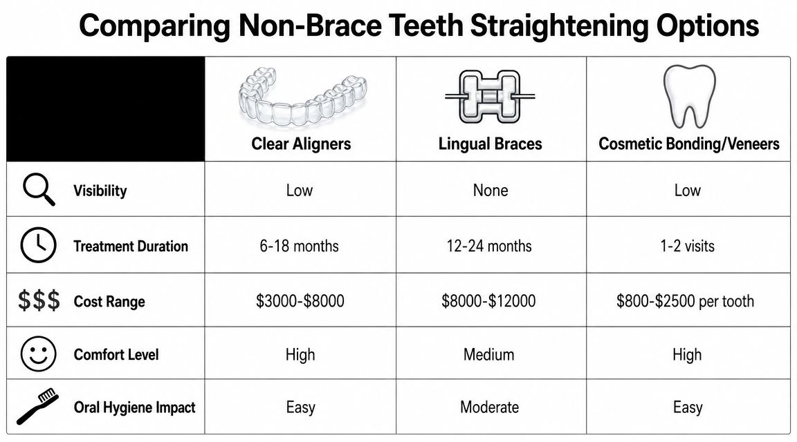 A comparison chart outlining the pros and cons of teeth straightening without traditional braces.