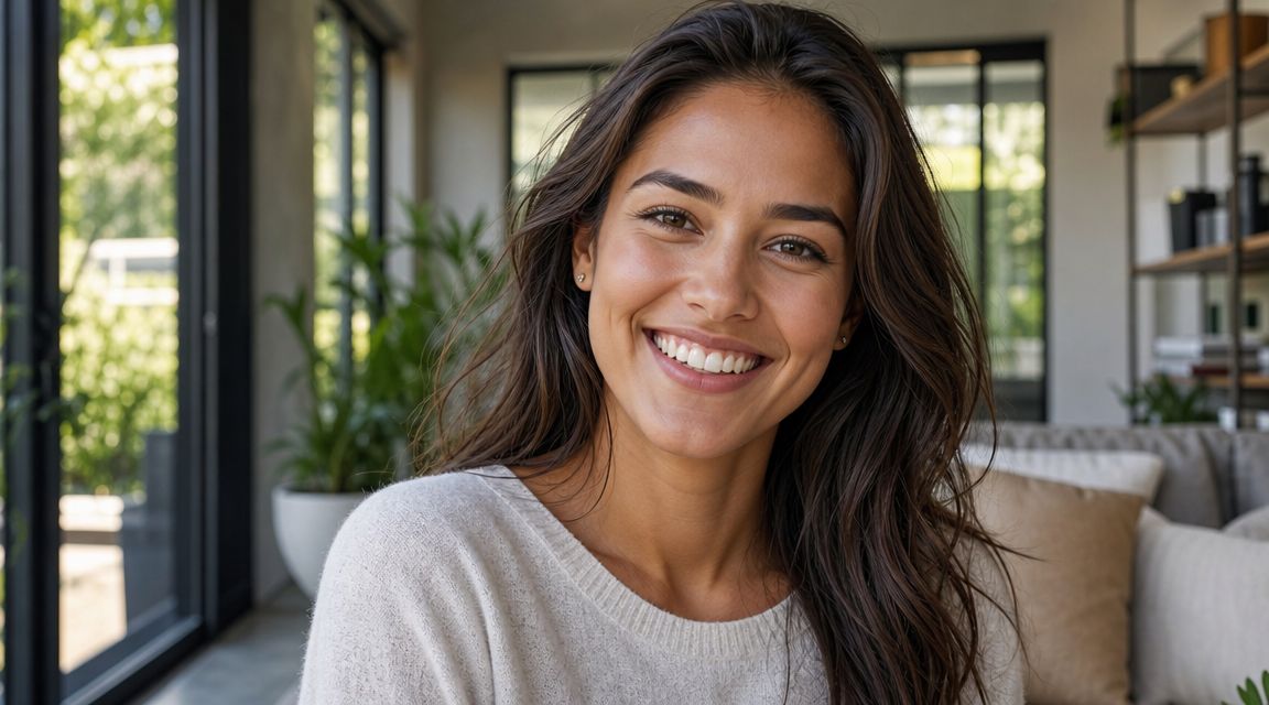 A smiling young woman with natural, healthy, and straight teeth looking directly at the camera.