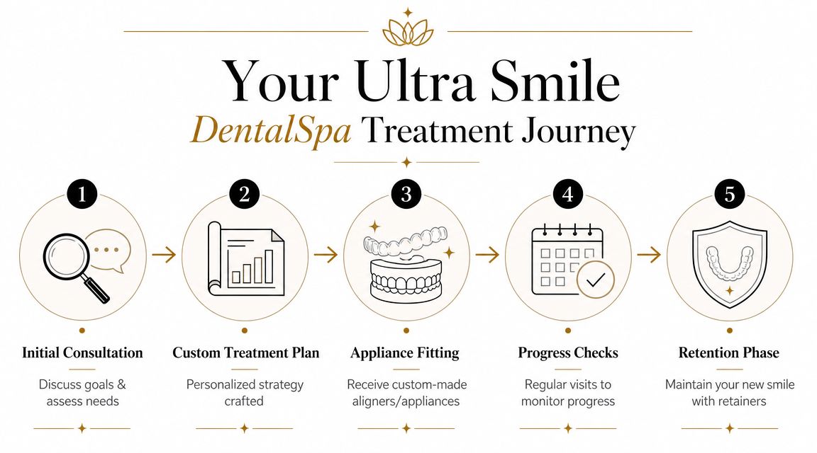 A five-step dental treatment journey infographic illustrating the process from initial consultation to the final retention phase.