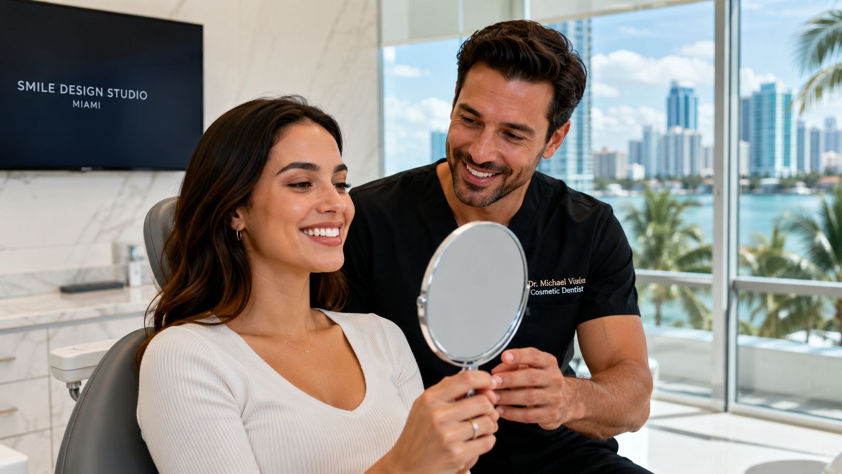 A cosmetic dentist showing a smiling patient their new teeth results in a mirror during an appointment.