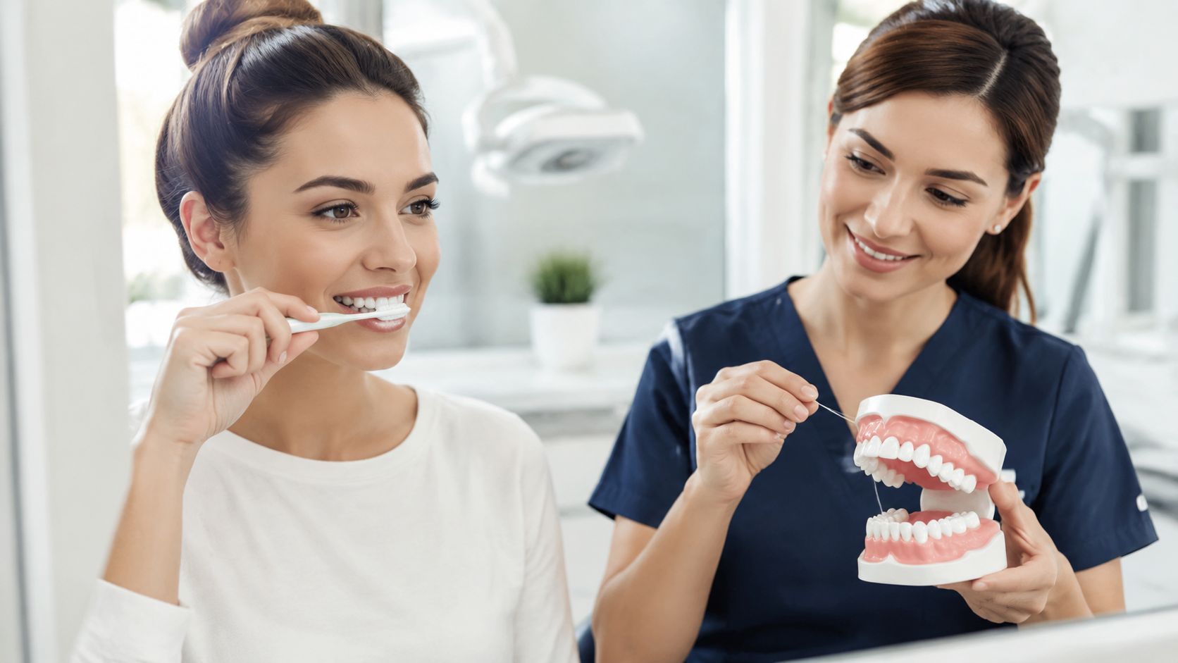 A dentist shows a patient how to properly floss using a dental model in a clinic.