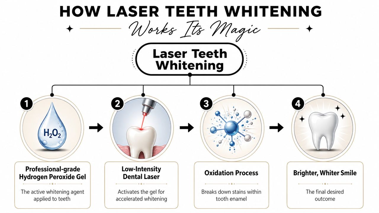 A diagram explaining the four steps of professional laser teeth whitening from gel application to final results.