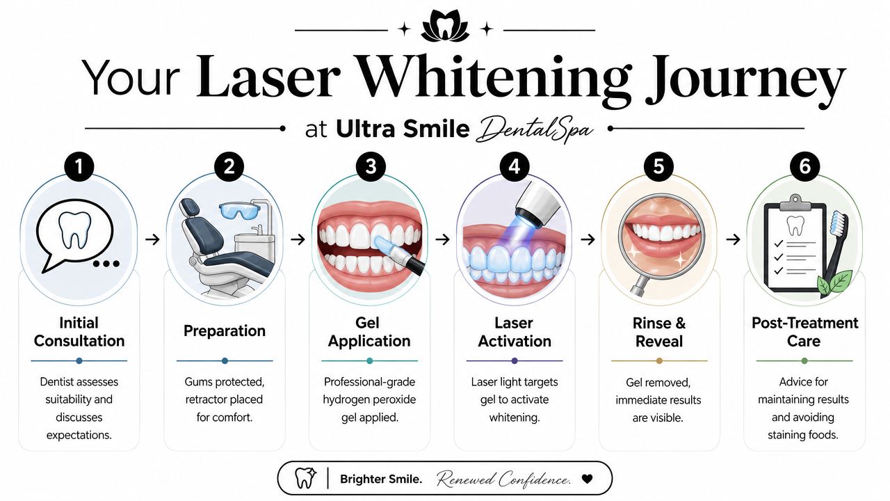 A step-by-step infographic illustrating the six-stage professional laser teeth whitening process at Ultra Smile Dental Spa.