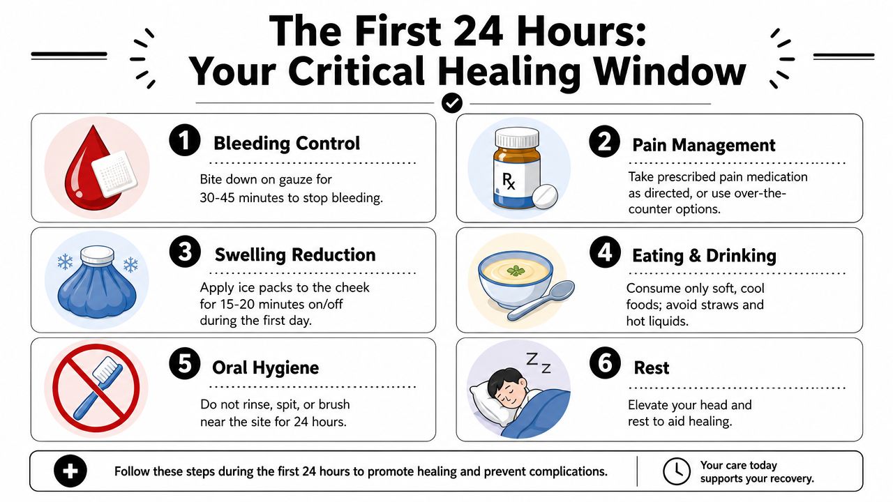 An infographic titled The First 24 Hours: Your Critical Healing Window outlining six post-extraction dental care steps.