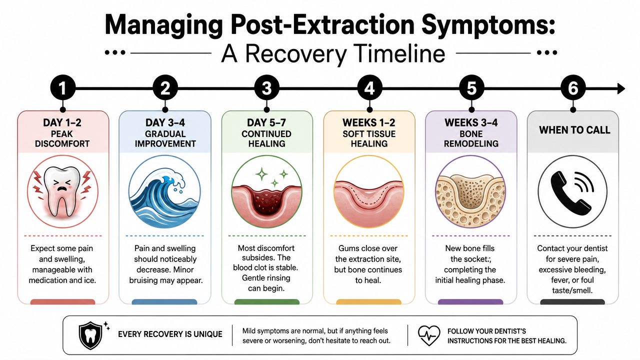 A dental recovery timeline infographic detailing symptoms and healing stages after a tooth extraction procedure.