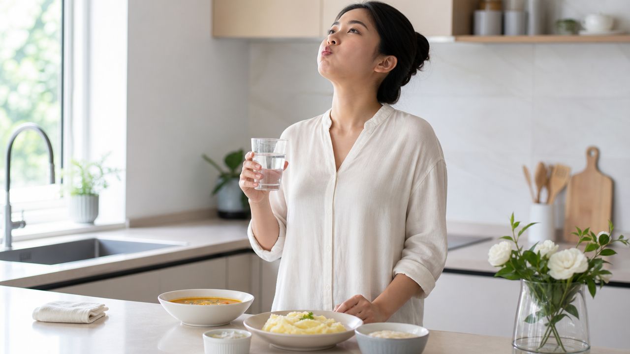 A young woman holding a glass of water, gently rinsing her mouth in a modern home kitchen.