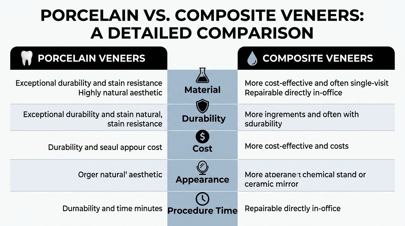 A comparison chart outlining the key differences between porcelain and composite dental veneers for cosmetic dentistry.