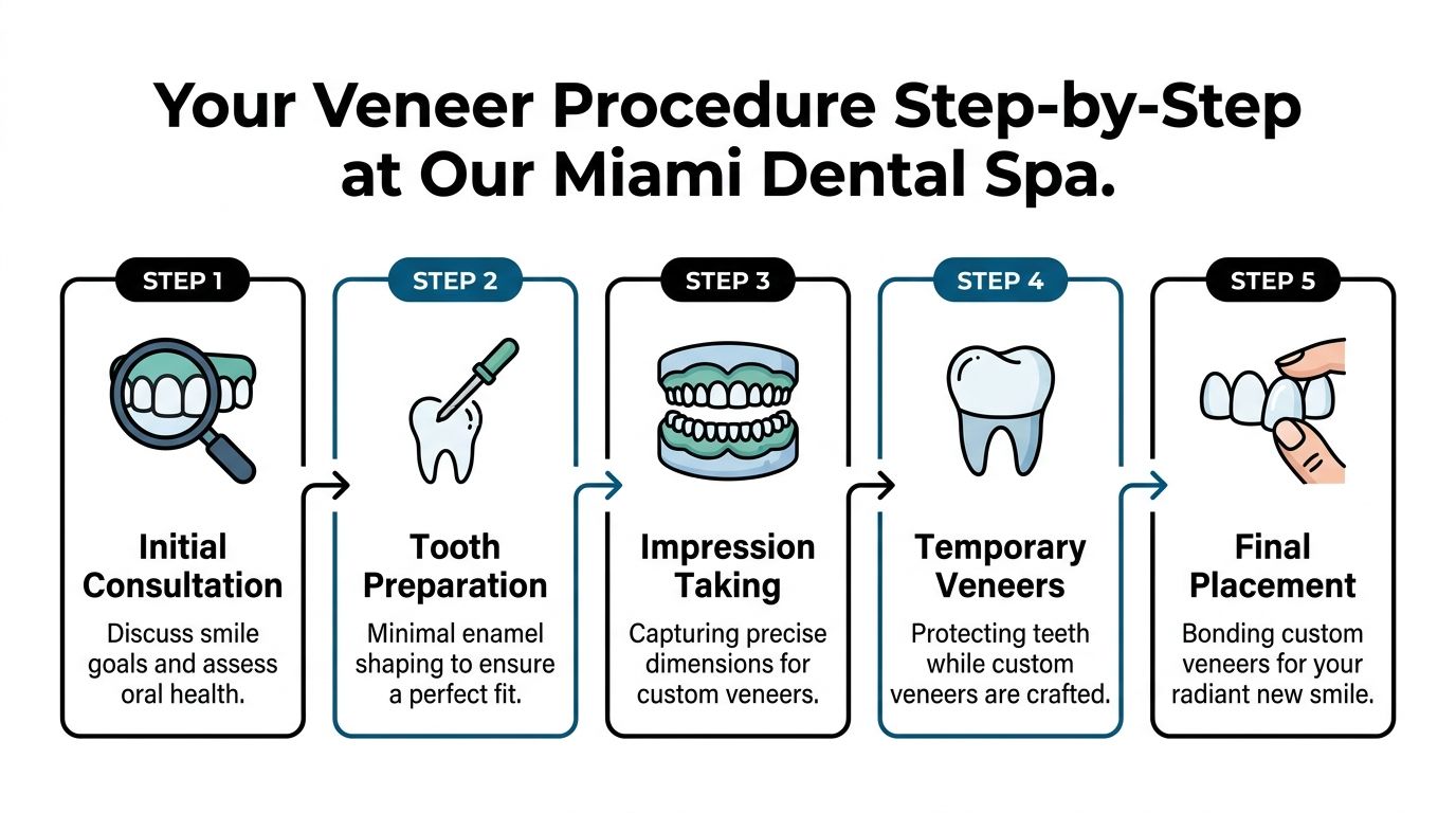 A five-step infographic showing the dental procedure for applying veneers at a dental spa.