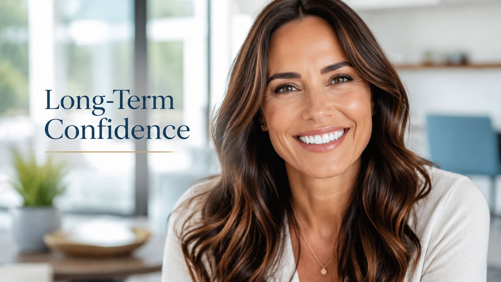 A smiling woman with bright, healthy teeth representing long-term confidence in a bright indoor setting.
