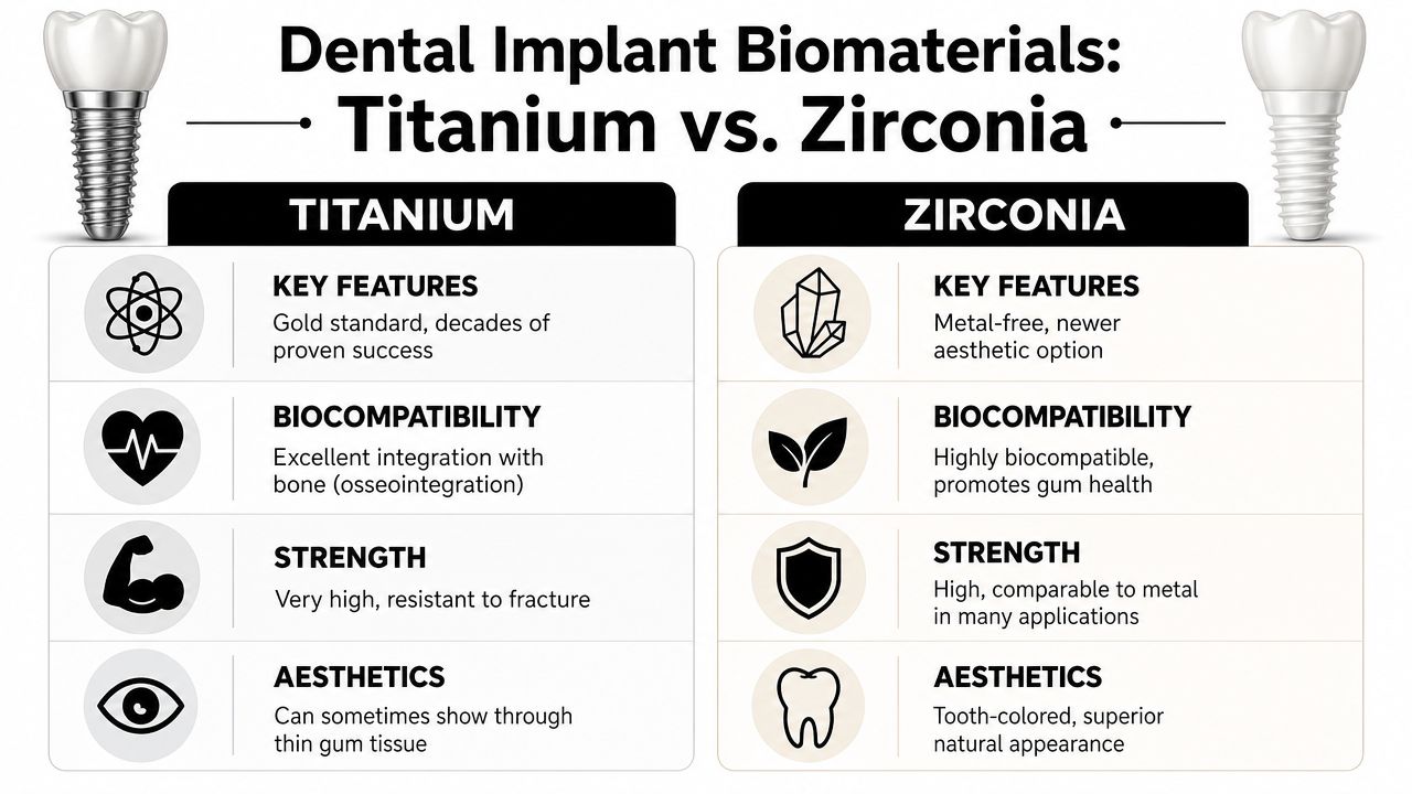 A comparison infographic between titanium and zirconia as dental implant biomaterials, highlighting their key differences in clinical properties.