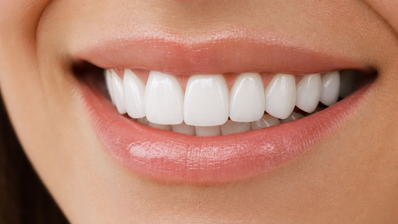 A close-up view of a bright, white, healthy smile showing perfectly aligned teeth and pink lips.