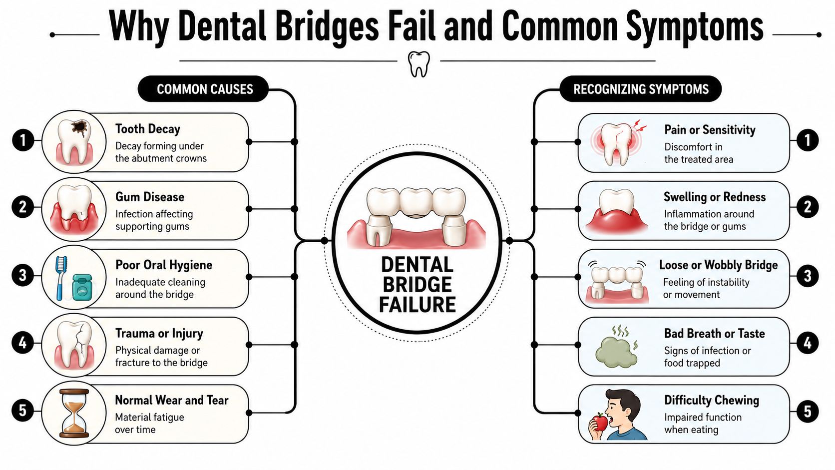 An infographic showing common causes of dental bridge failure and symptoms to watch out for.