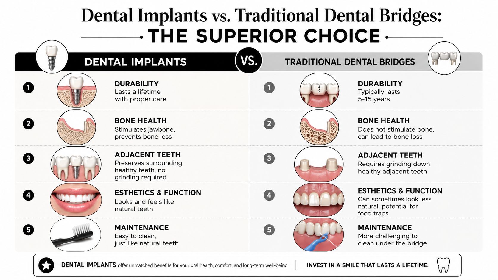 A comparison infographic showing the advantages of dental implants over traditional dental bridges for oral health.