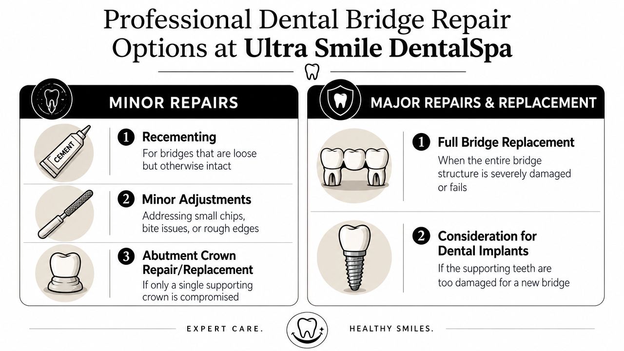 A professional infographic detailing various repair and replacement options for dental bridges at Ultra Smile DentalSpa.