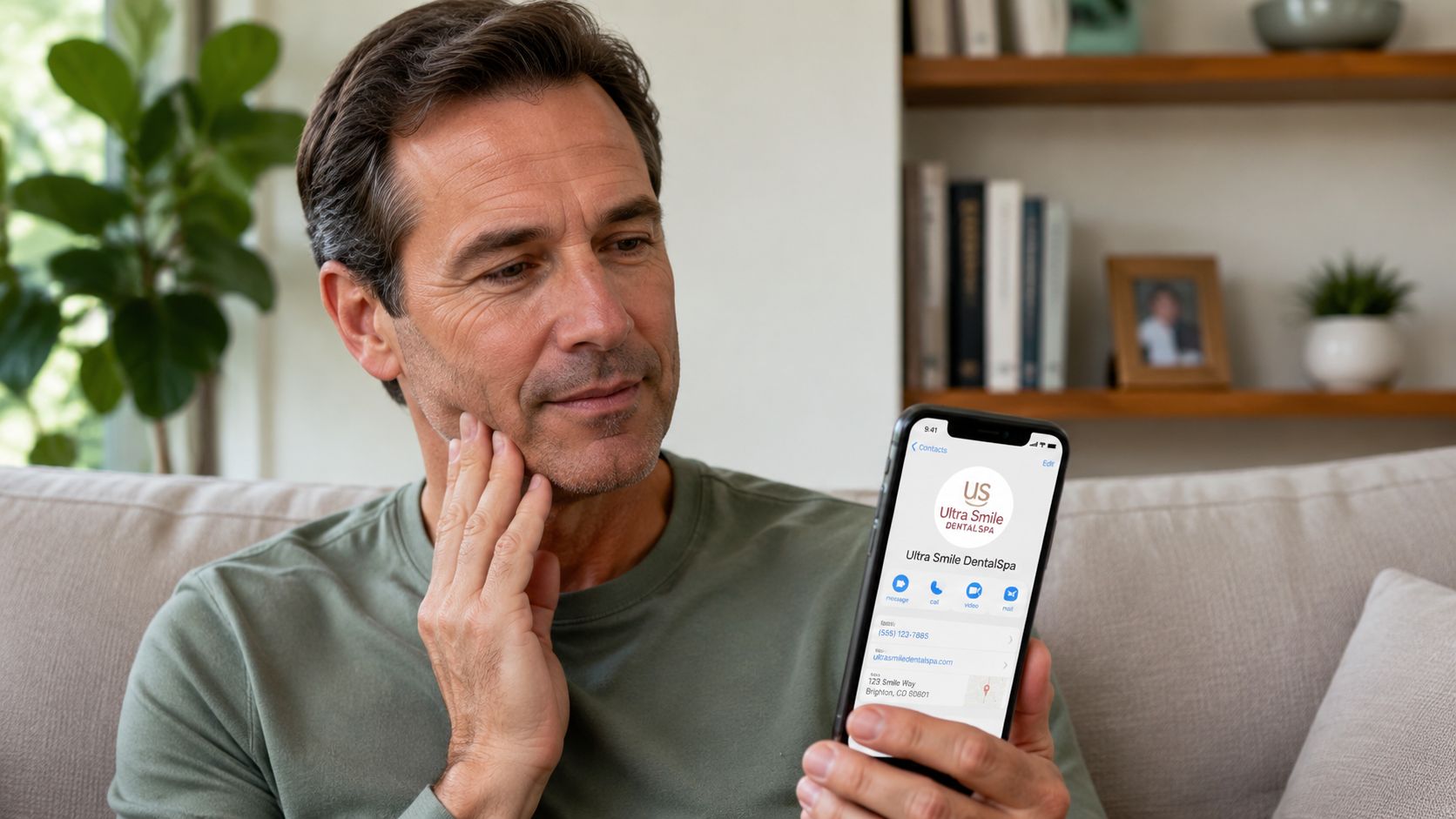 A middle-aged man holding his cheek while looking at dental clinic contact information on his smartphone.