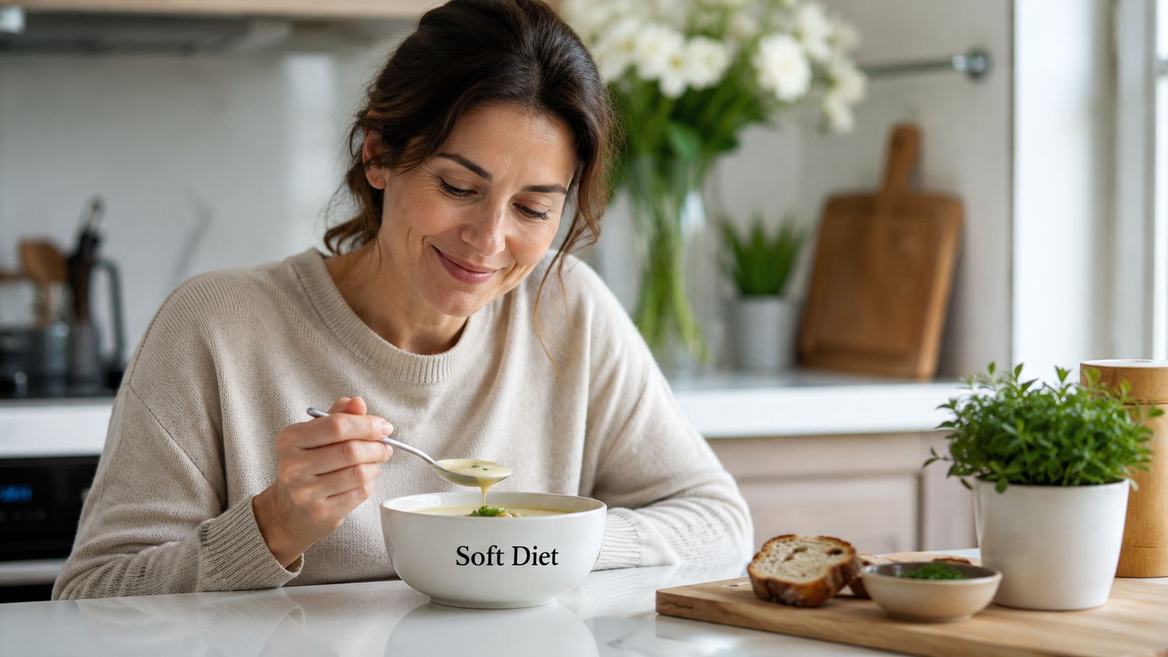 A woman smiling as she prepares to eat a warm bowl of soup, perfect for dental recovery.