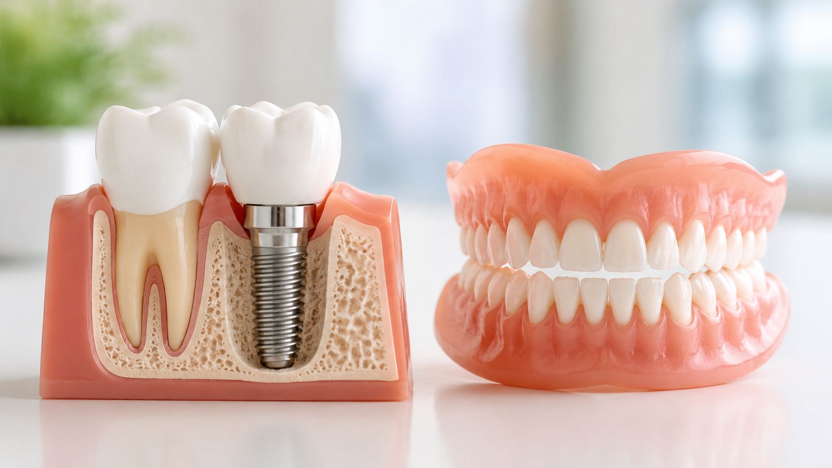 A cross-section model of a dental implant alongside a full set of removable dentures on a table.