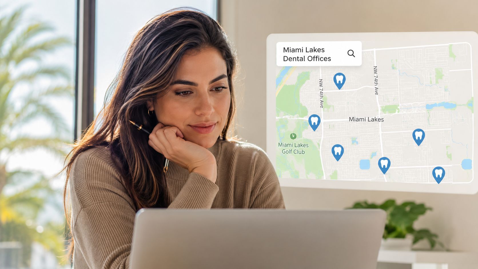 A woman looks at a laptop screen showing a map of dental offices in Miami Lakes.