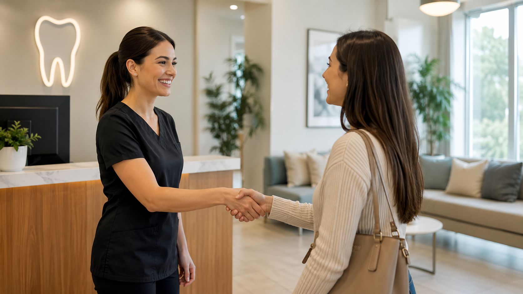 A friendly dental receptionist shaking hands with a new patient at a professional dental clinic front desk.