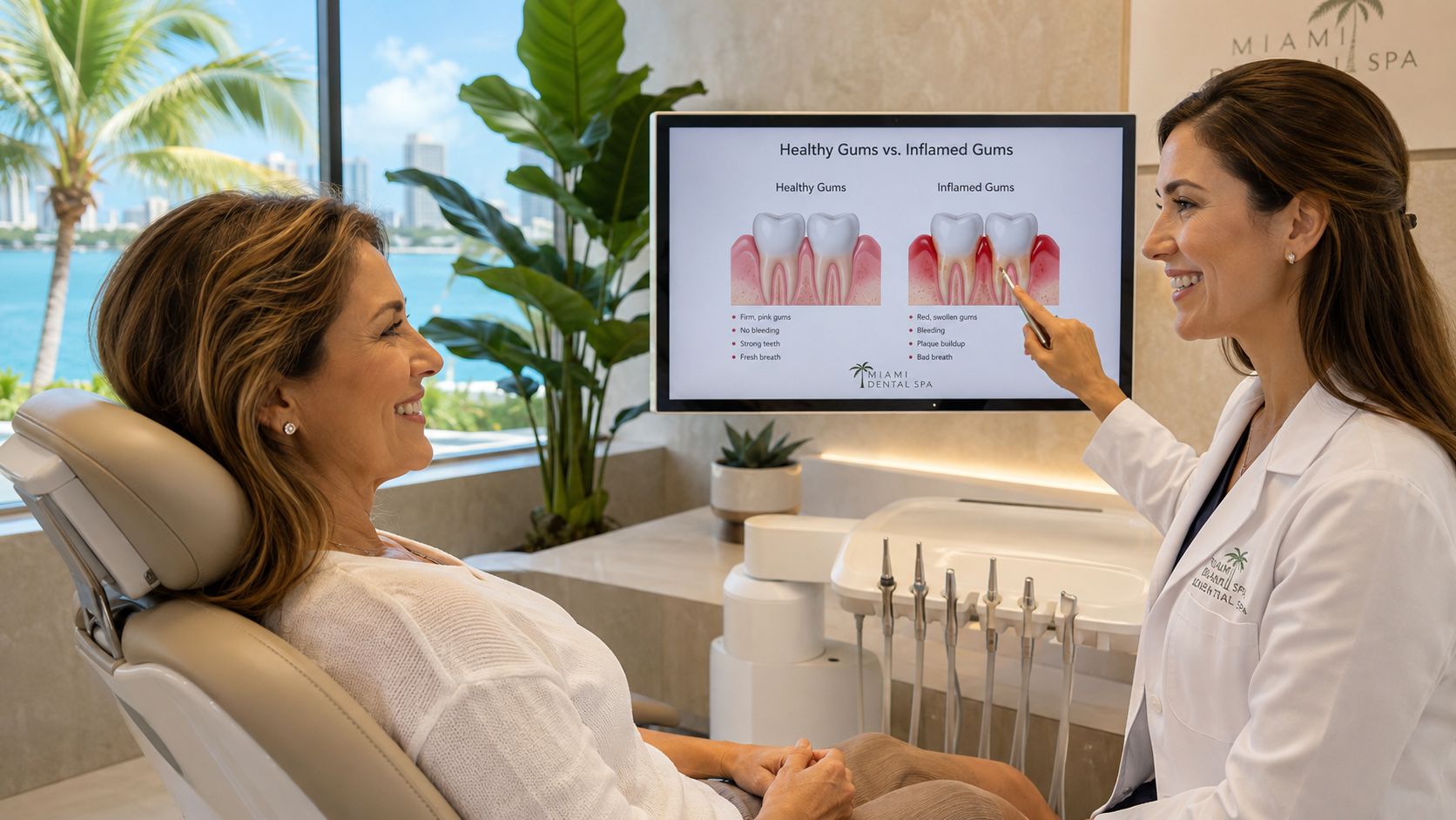 A female dentist explains the difference between healthy and inflamed gums to a patient in a dental office.