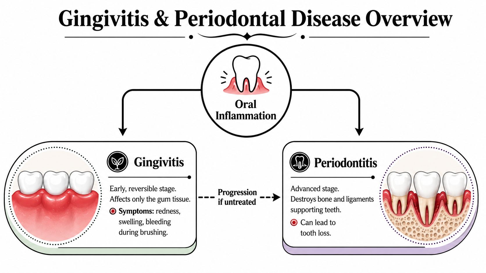A dental diagram comparing the differences between early-stage gingivitis and advanced periodontal disease symptoms and progression.