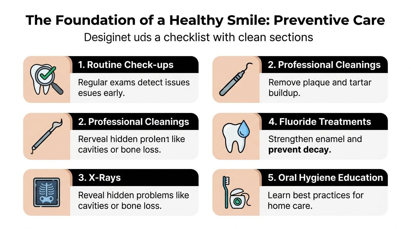A checklist infographic titled The Foundation of a Healthy Smile illustrating five essential preventive dental care procedures.