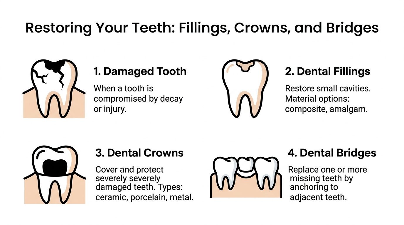 An infographic illustrating four stages of general dental procedures including damaged teeth, fillings, crowns, and dental bridges.