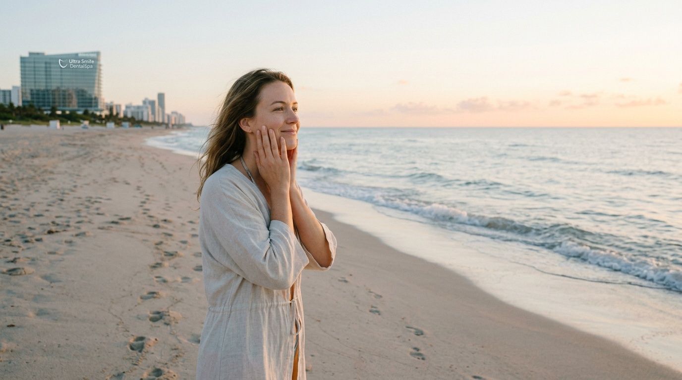 A smiling woman touches her face while standing on a sandy beach during a beautiful sunrise.