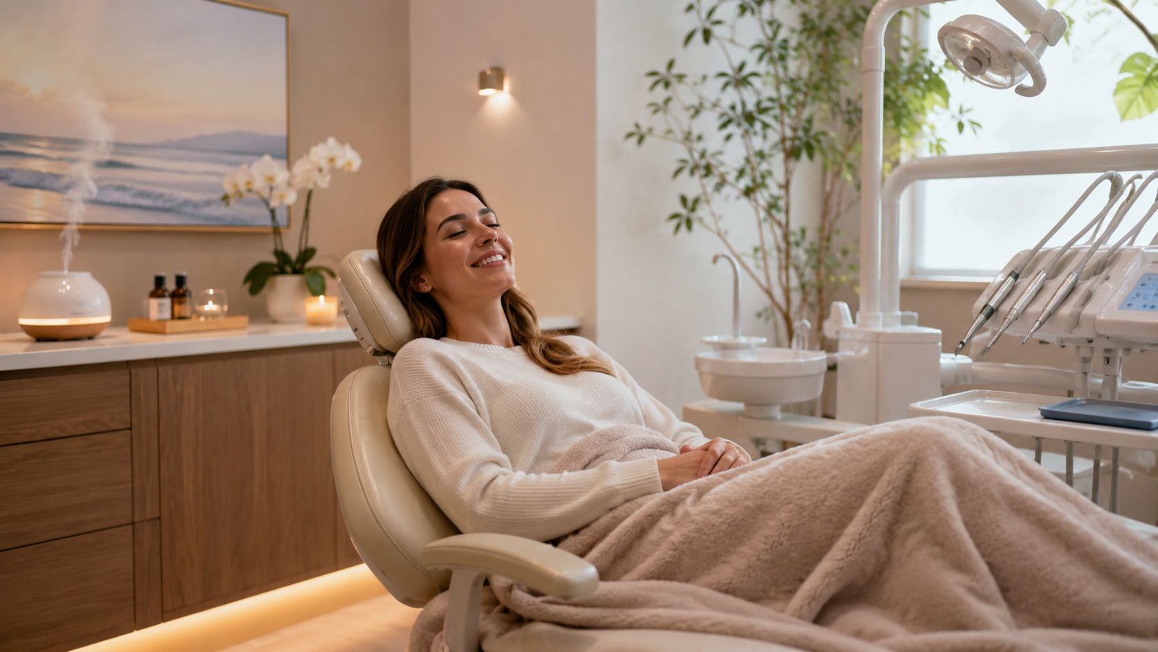 A relaxed woman reclining in a comfortable chair at a holistic dental wellness office setting.