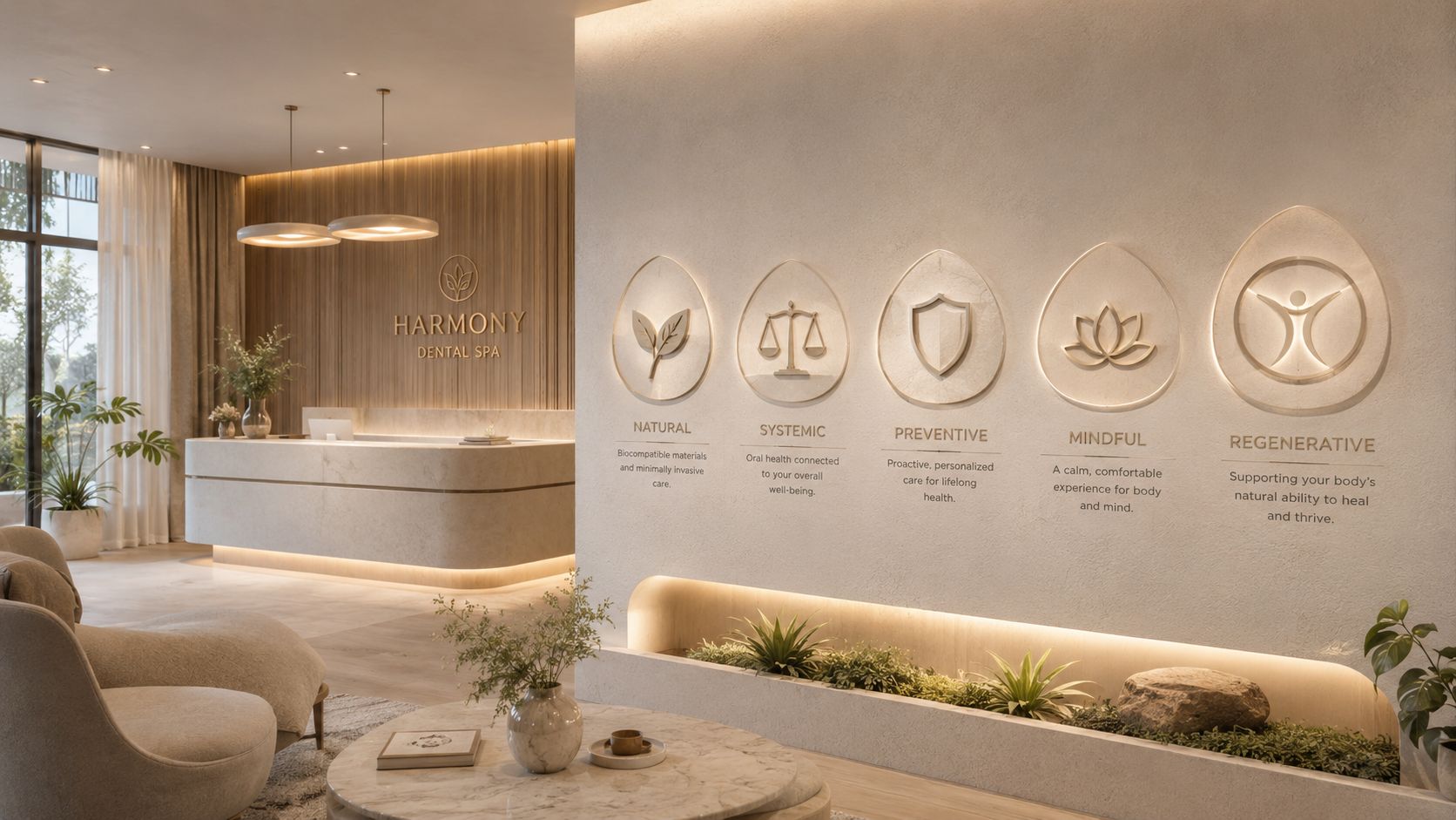 A serene and modern dental spa reception area featuring minimalist wall decor highlighting holistic wellness concepts.