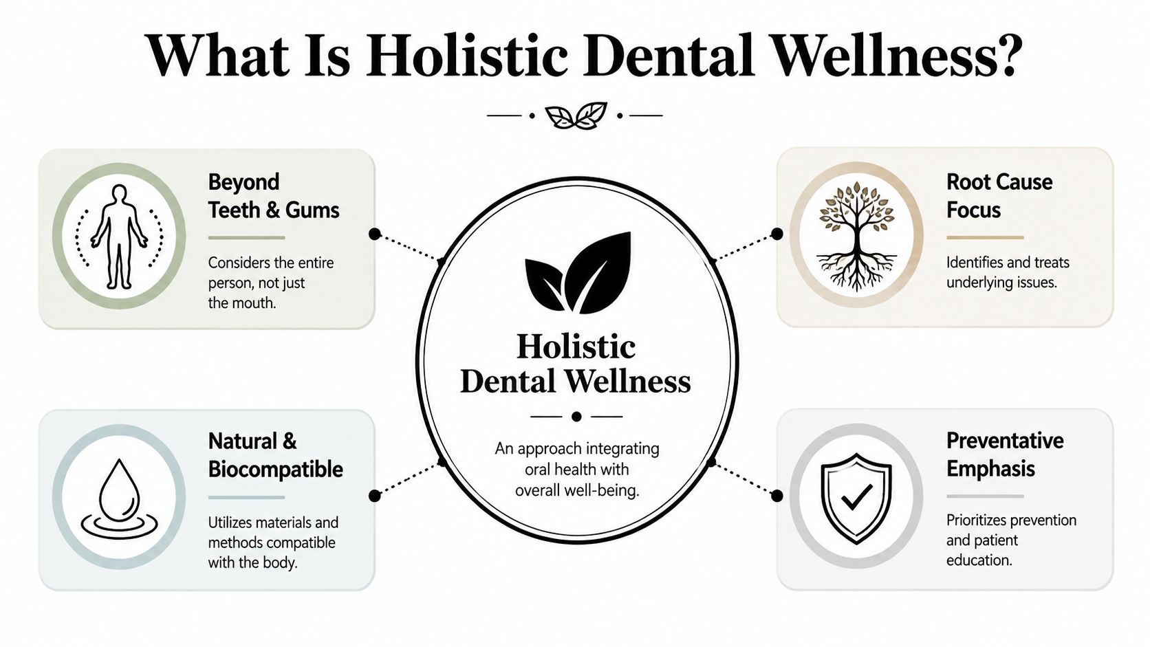An infographic titled What Is Holistic Dental Wellness, illustrating key principles of holistic dentistry.
