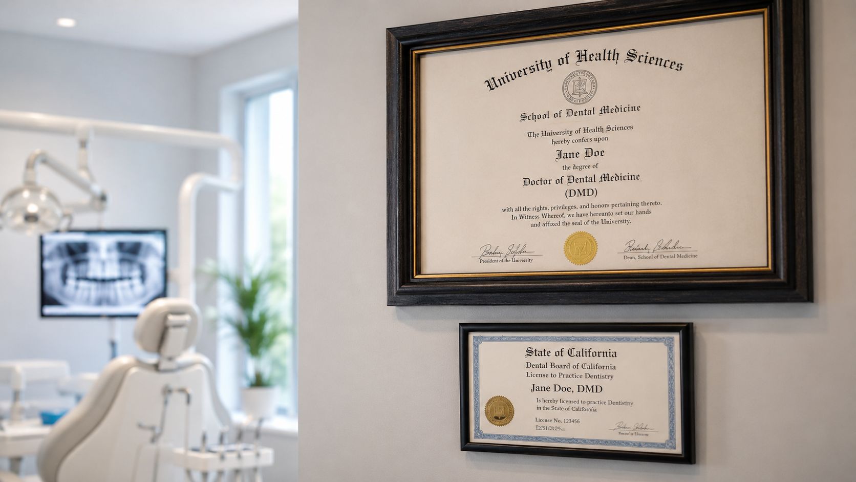 A professional dental diploma and state license hanging on a wall in a modern dental office.