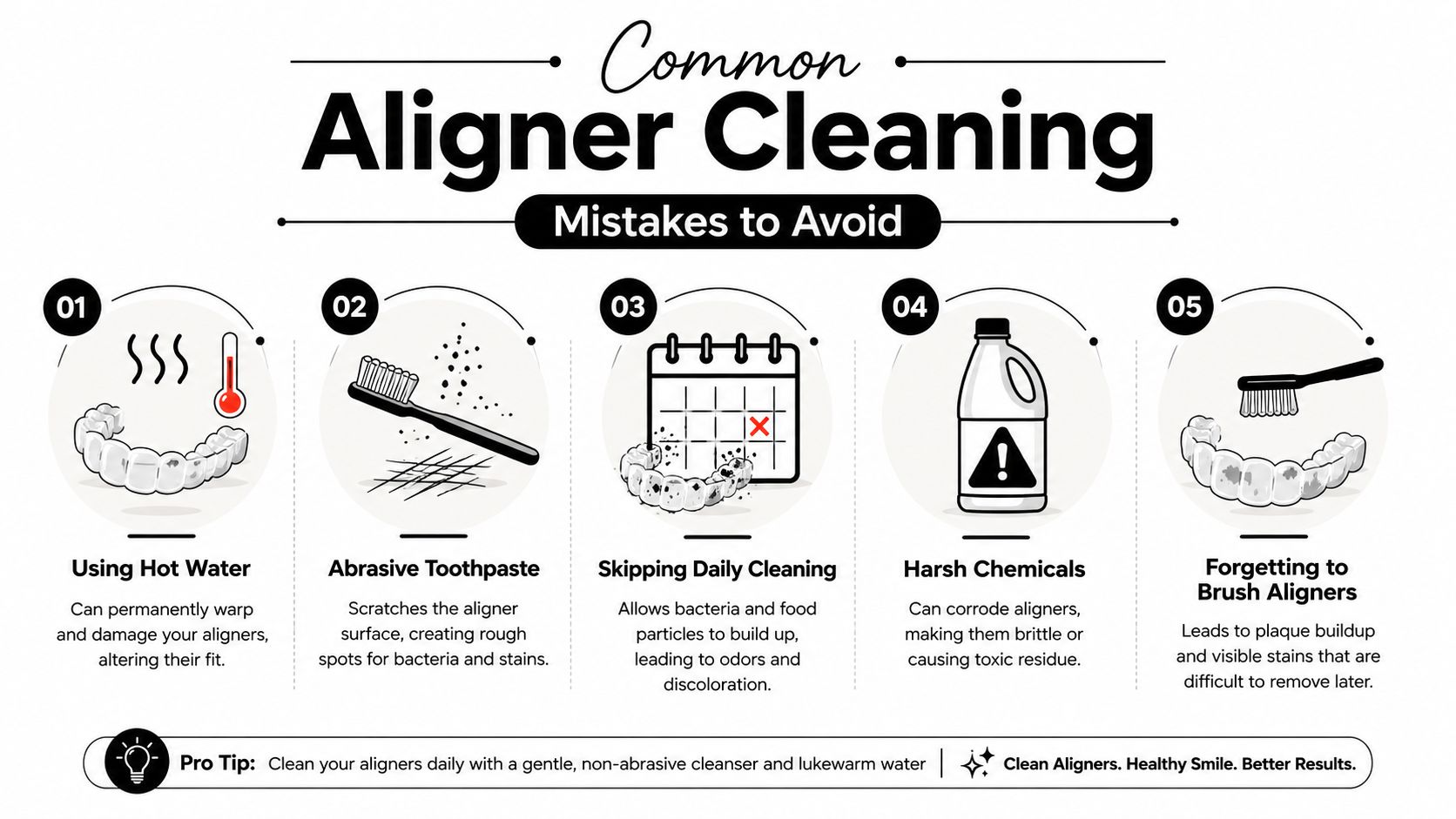 An infographic detailing five common mistakes to avoid when cleaning your clear dental aligners at home.