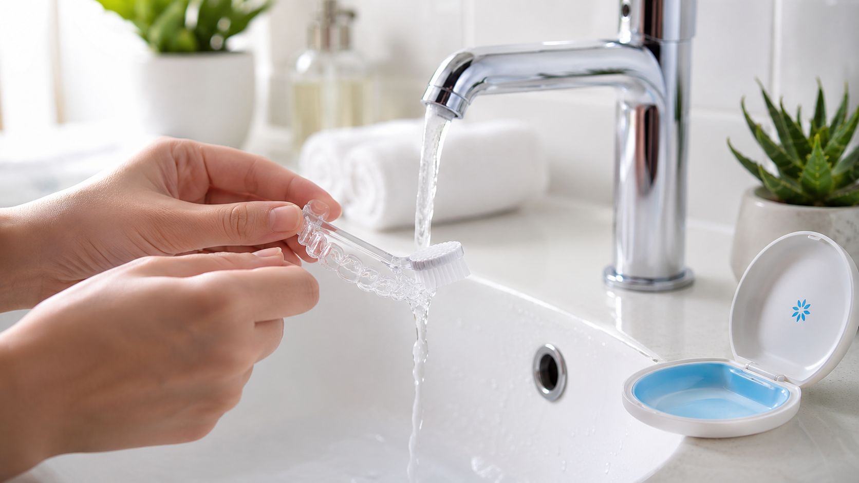 A person washing clear plastic dental aligners with a small brush under running water in a bathroom sink.