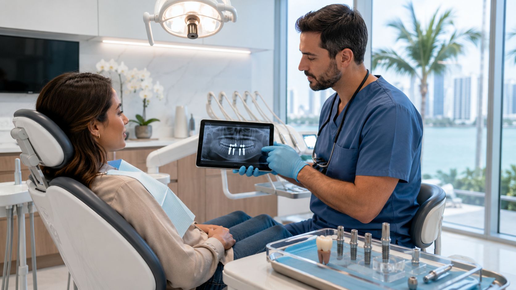 A dentist shows a patient a digital x-ray of dental implants on a tablet in a modern office.