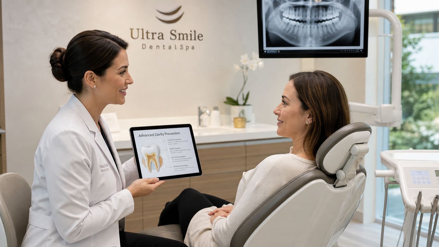 A female dentist discussing advanced cavity prevention with a patient while showing information on a digital tablet.