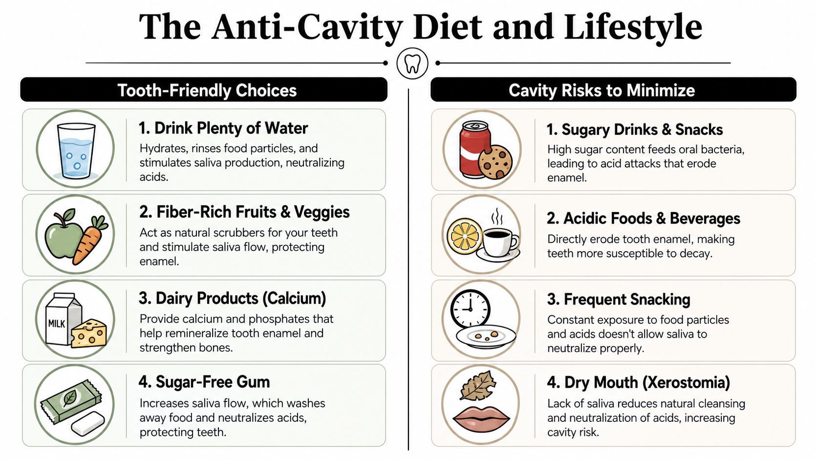 An infographic titled The Anti-Cavity Diet and Lifestyle detailing tooth-friendly food choices versus cavity-causing habits.