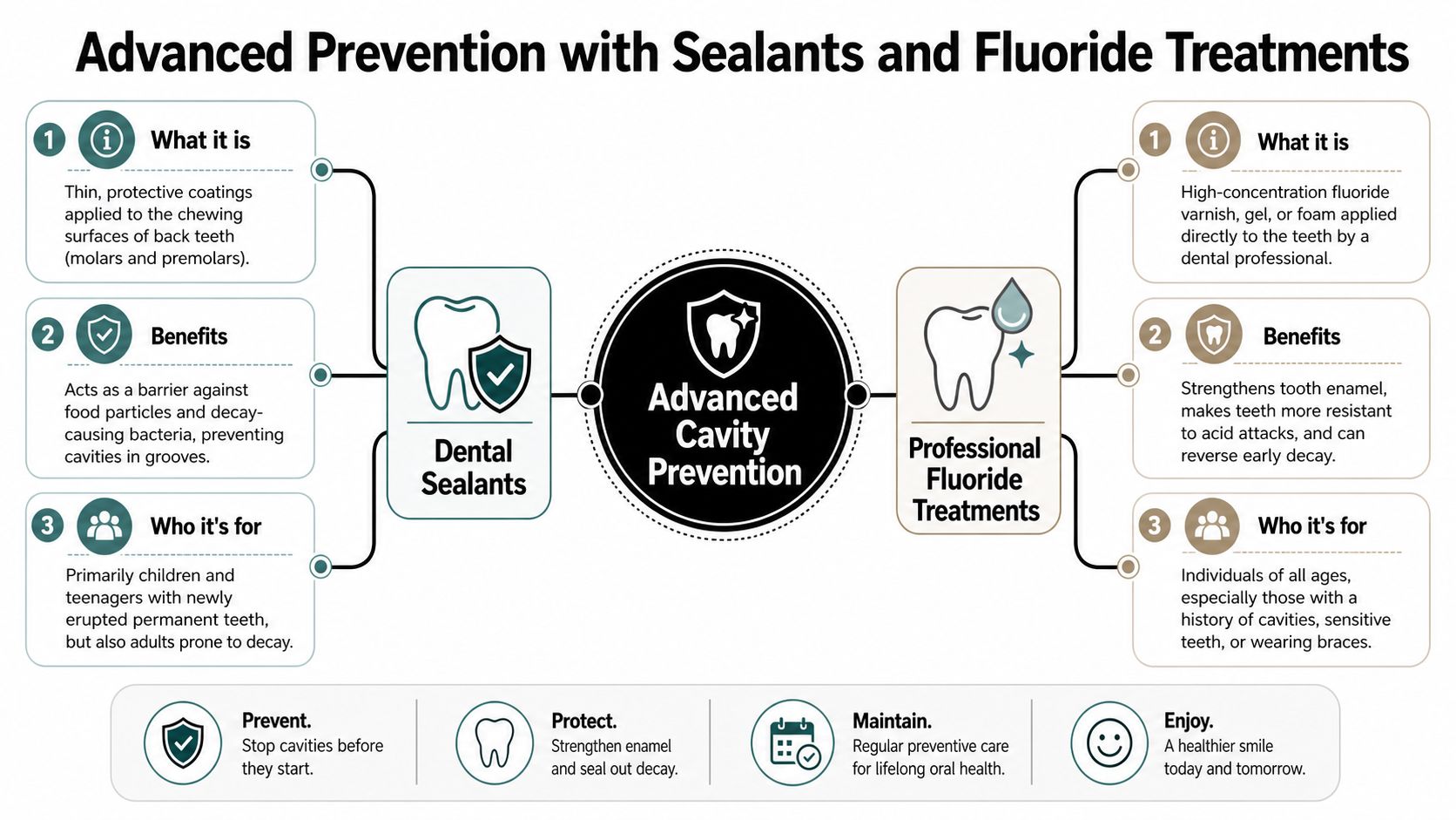 An infographic titled Advanced Prevention with Sealants and Fluoride Treatments explaining dental procedures to prevent cavities.