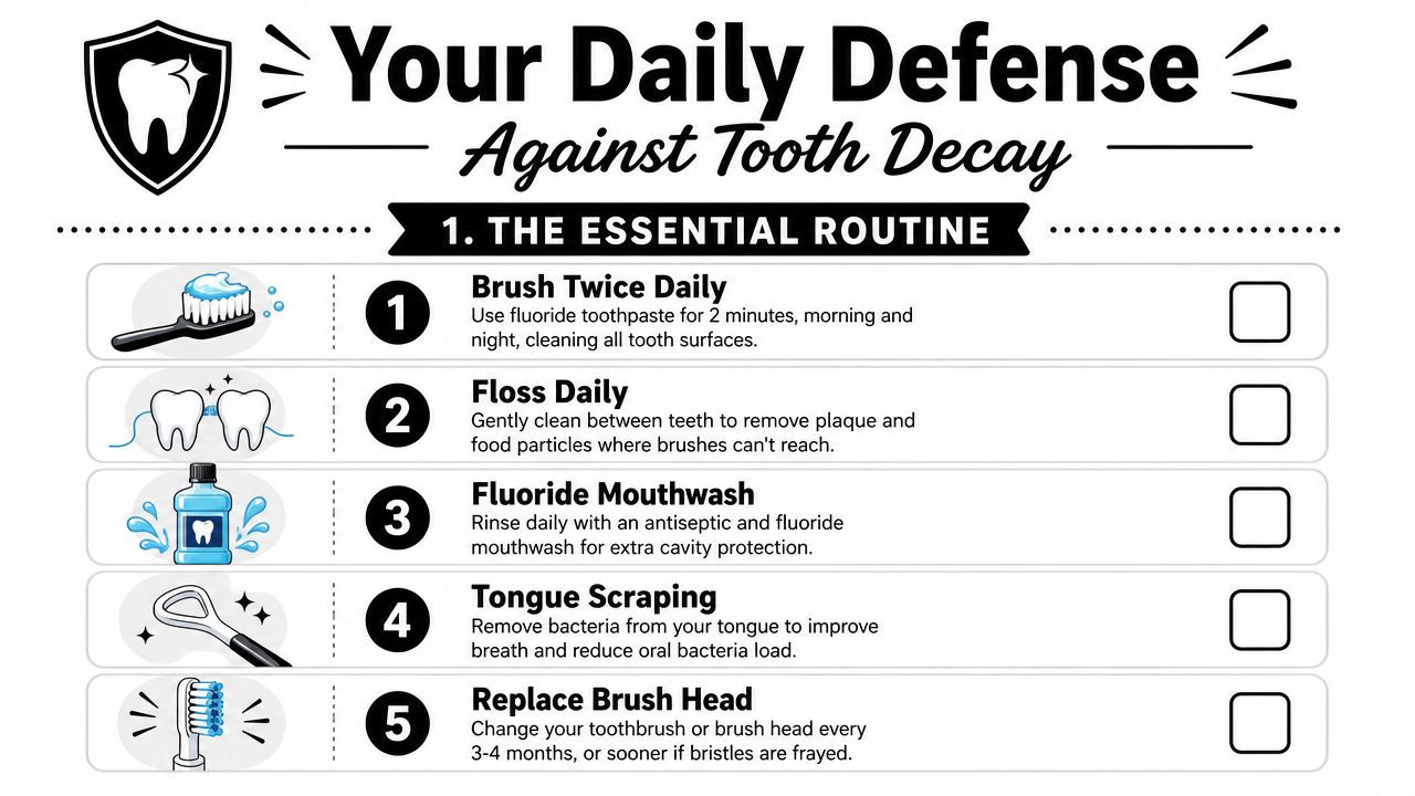 A checklist illustrating five daily oral hygiene steps to help prevent tooth decay and maintain dental health.
