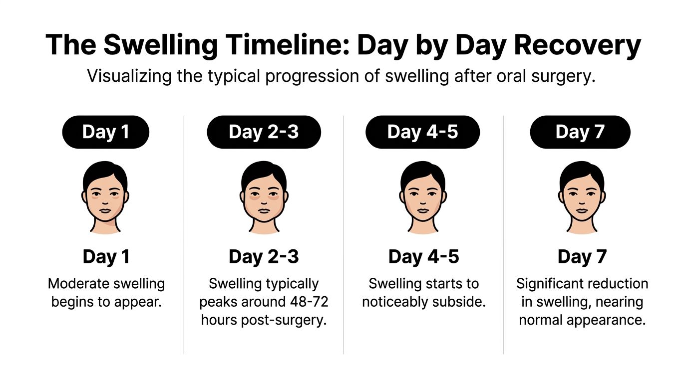 A timeline graphic showing the typical progression of facial swelling following oral surgery from day one to seven.