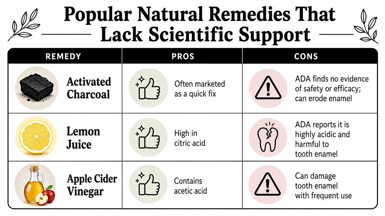 A table detailing natural teeth whitening remedies like activated charcoal, lemon juice, and apple cider vinegar.