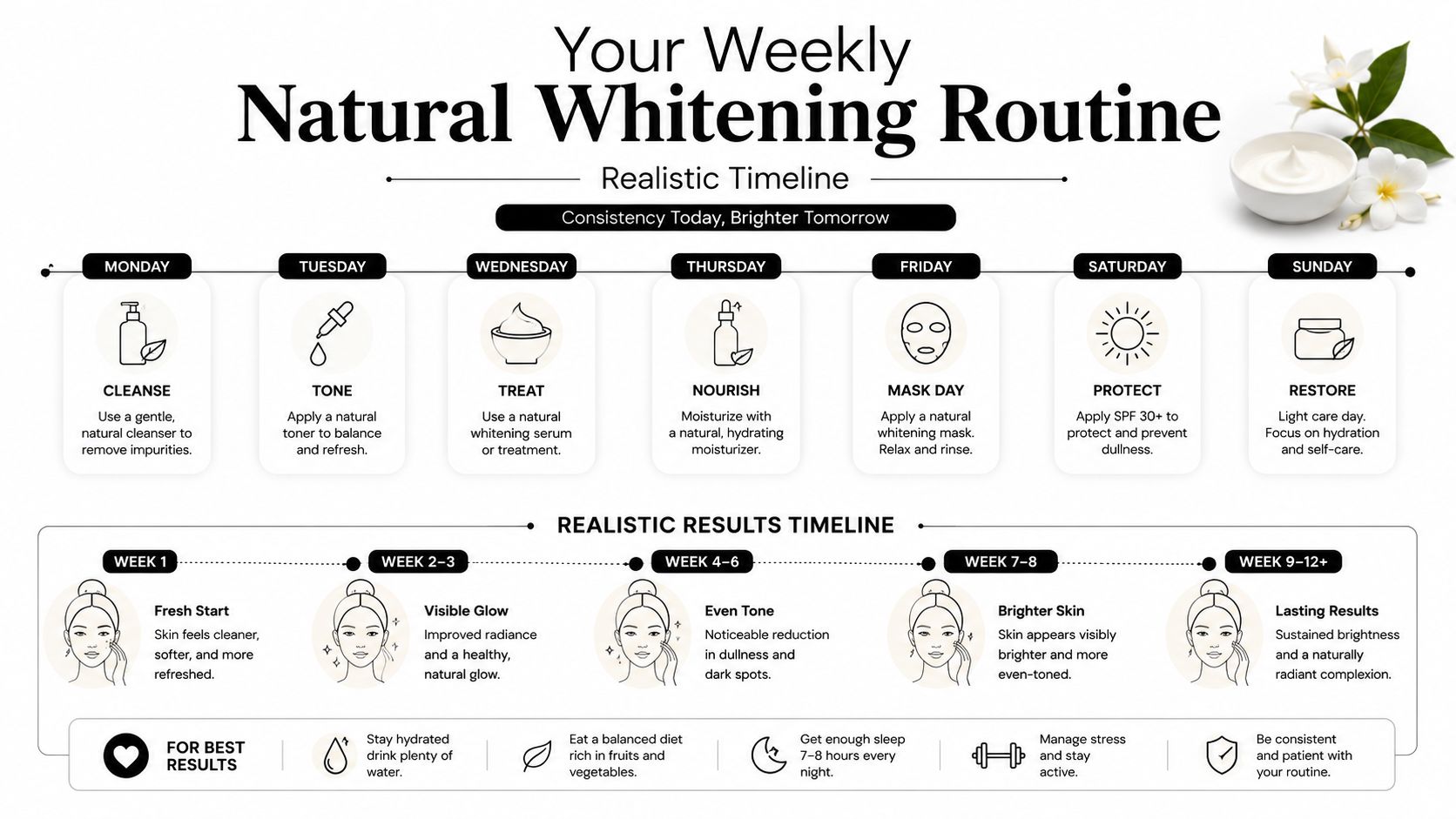 A weekly skincare routine guide for natural skin whitening with a timeline for expected results.