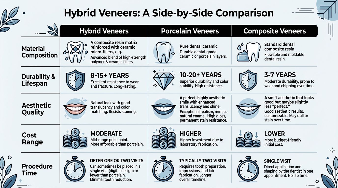 A comparison chart showing the differences between hybrid, porcelain, and composite dental veneers regarding material and cost.