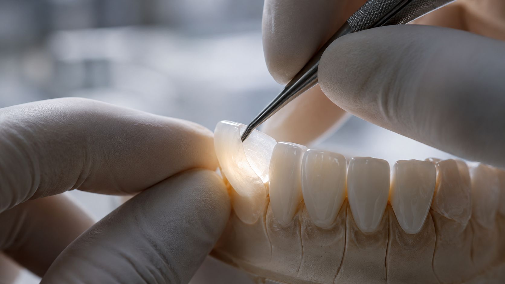 A gloved hand uses metal tweezers to place a thin ceramic dental veneer onto a model tooth.
