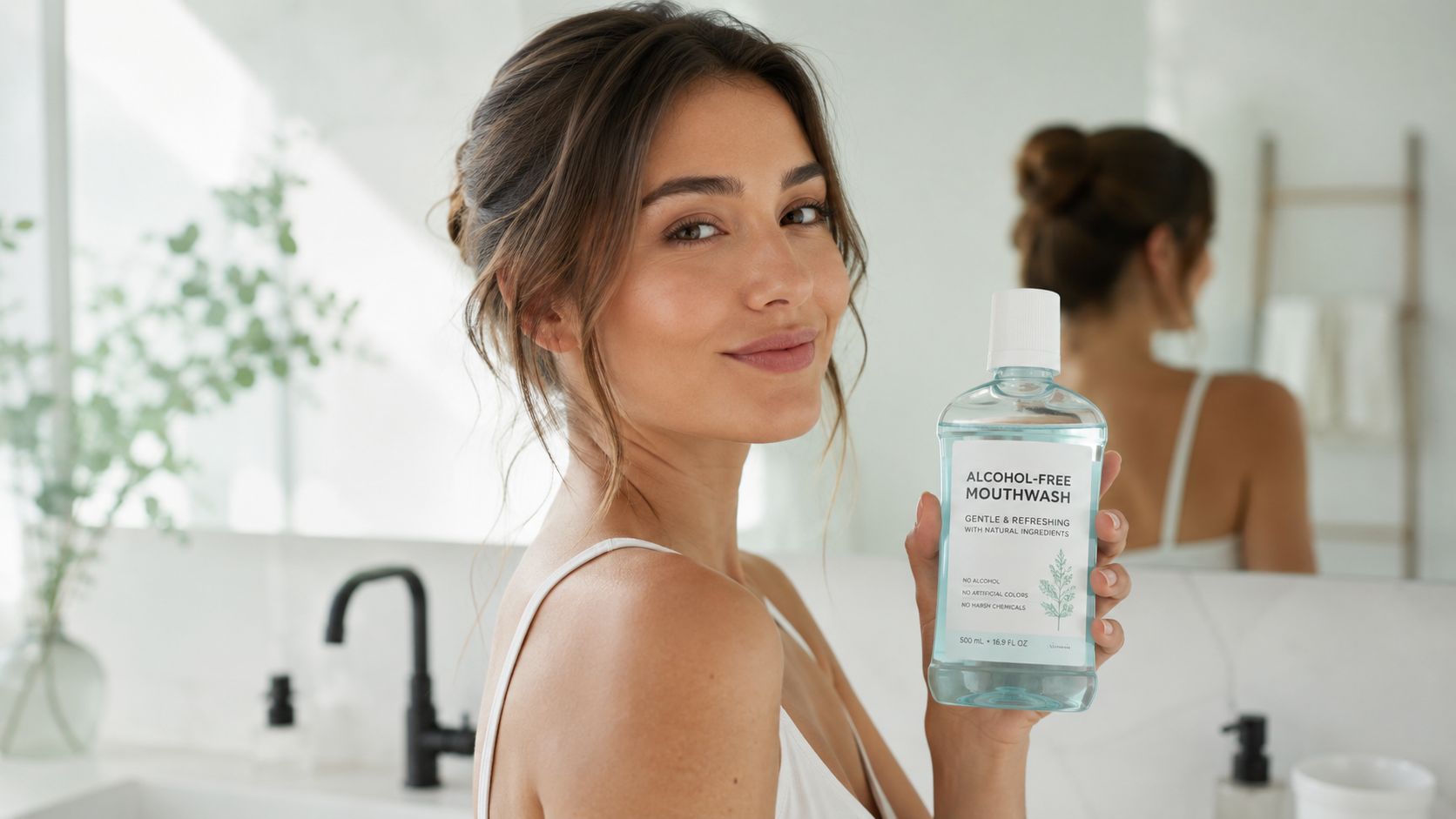 A smiling woman holding a bottle of alcohol-free mouthwash in a bright, modern bathroom setting.